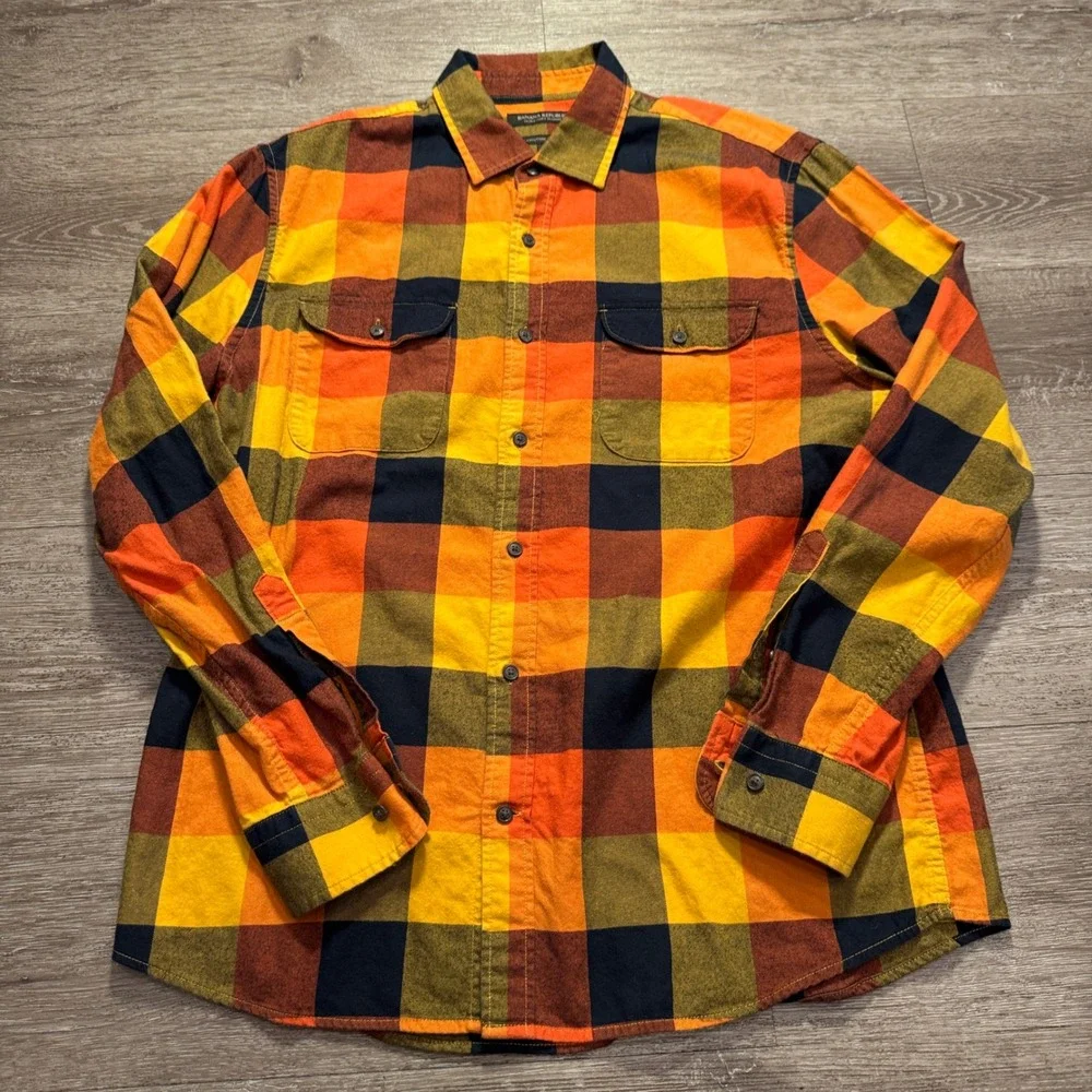 Banana Republic Shirt Men L Orange Plaid Cotton Ultra Soft Flannel Untucked Slim